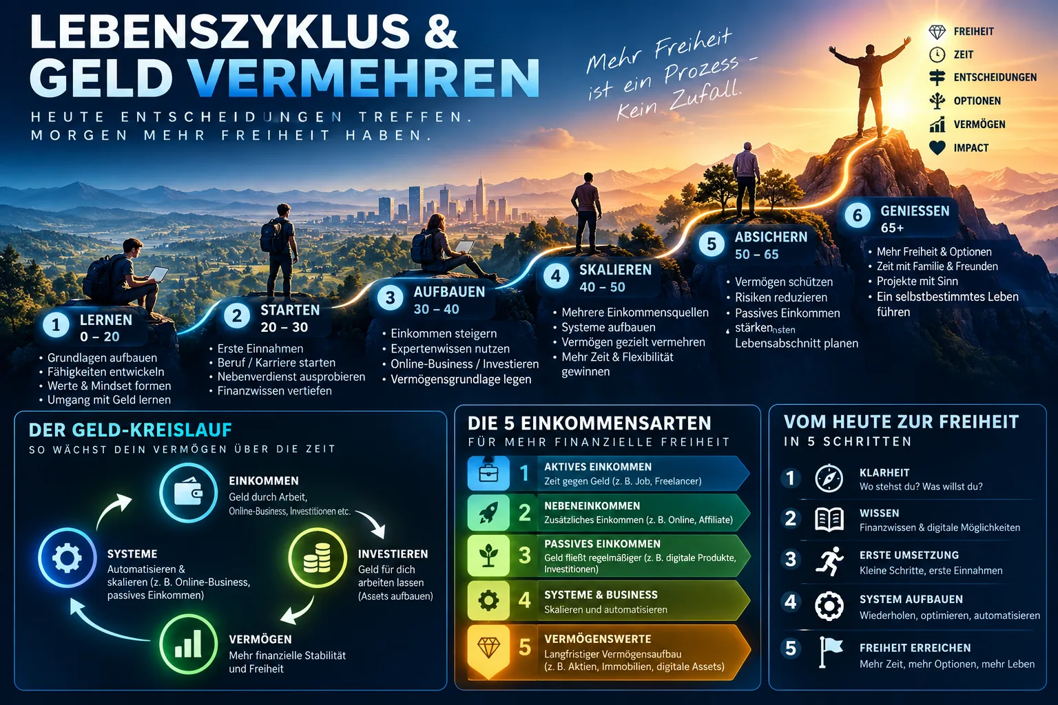 Lebenszyklus und Geld aufbauen: vom Lernen und ersten Einkommen über Nebeneinkommen und Systeme bis zu Vermögensaufbau und mehr finanzieller Freiheit
